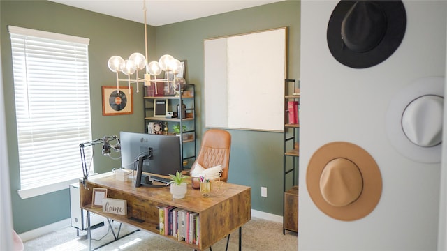 carpeted office featuring an inviting chandelier