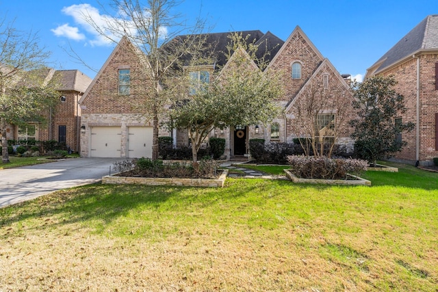 english style home with a garage, concrete driveway, brick siding, and a front lawn