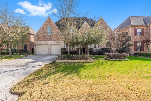 view of front of home featuring driveway, brick siding, and a front lawn