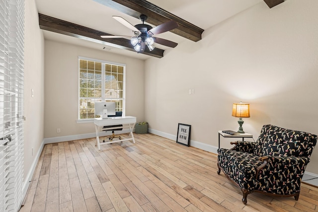 home office with ceiling fan, beamed ceiling, baseboards, and wood finished floors