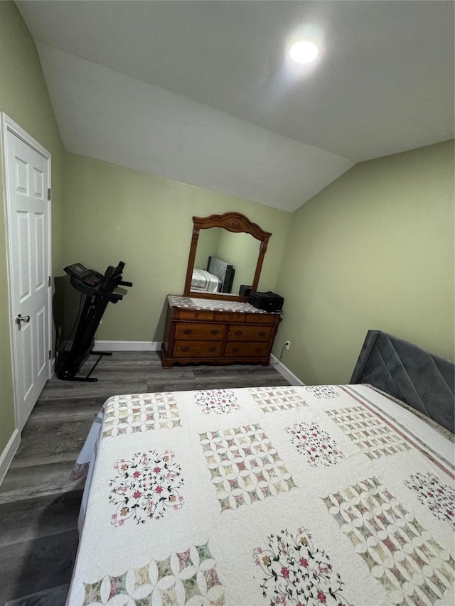 bedroom with baseboards, lofted ceiling, and wood finished floors