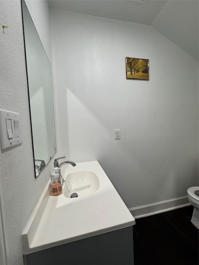 bathroom with vanity, lofted ceiling, and toilet