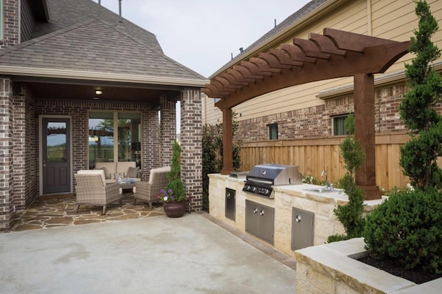 view of patio with an outdoor kitchen, sink, area for grilling, outdoor lounge area, and a pergola