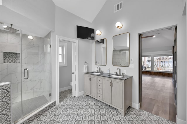 bathroom with vanity, a shower with door, toilet, and a healthy amount of sunlight