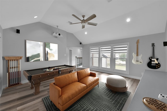 interior space with ceiling fan, lofted ceiling, light hardwood / wood-style floors, and billiards