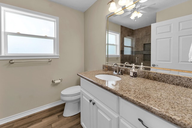 bathroom with an enclosed shower, vanity, wood-type flooring, and toilet