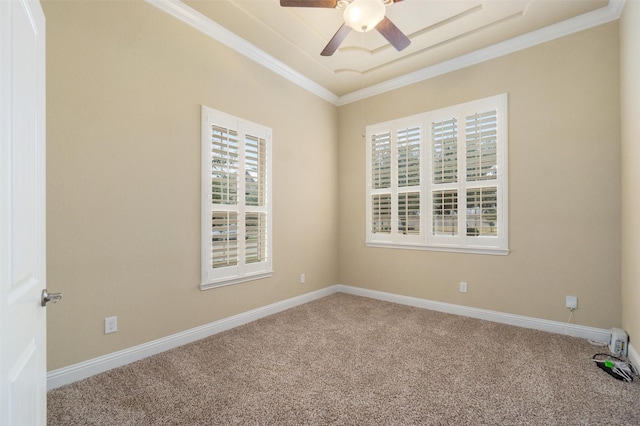 carpeted empty room with a tray ceiling, crown molding, and ceiling fan