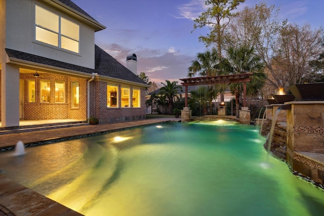 pool at dusk featuring an outdoor pool and a pergola