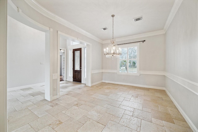 unfurnished dining area with ornamental molding, visible vents, baseboards, and an inviting chandelier