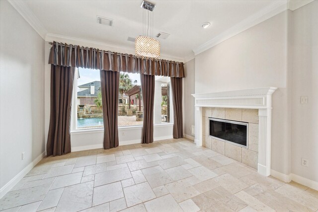 unfurnished living room featuring baseboards, visible vents, a tiled fireplace, and ornamental molding