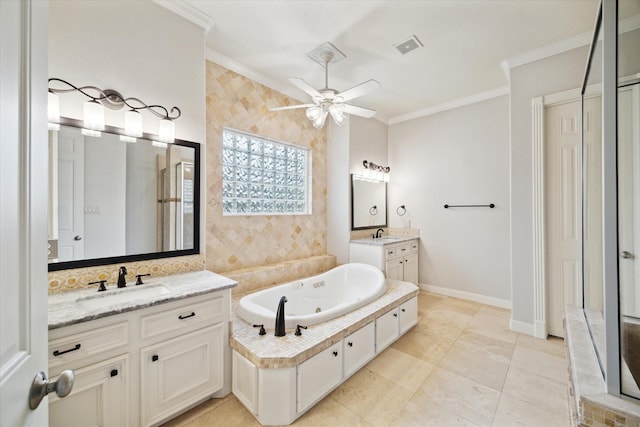 bathroom featuring two vanities, a sink, a ceiling fan, ornamental molding, and a tub with jets