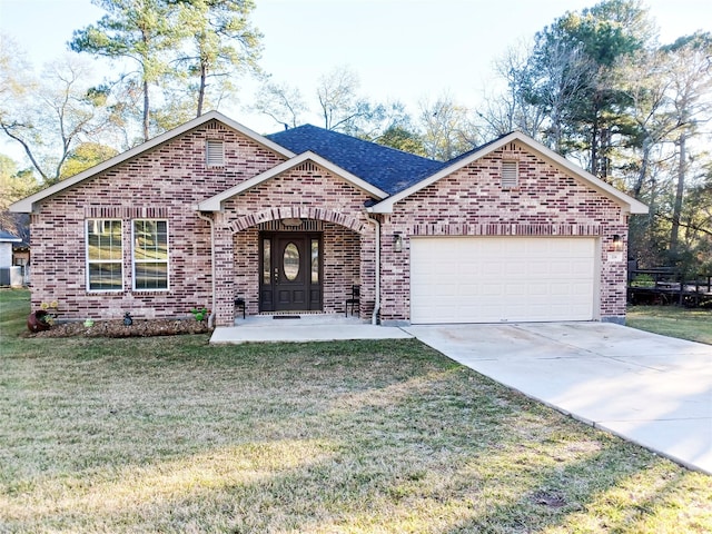 ranch-style house with a garage and a front lawn