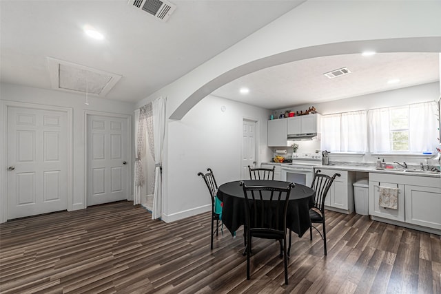 dining area featuring sink and dark hardwood / wood-style flooring