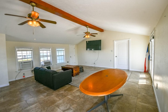 living room with cooling unit, vaulted ceiling with beams, and ceiling fan