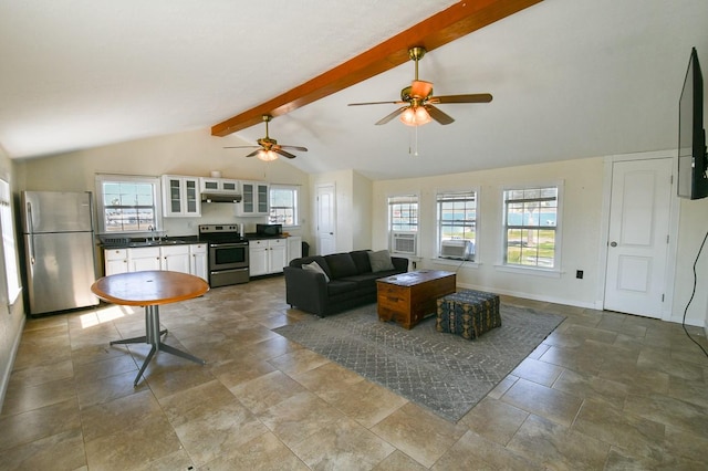 living room featuring lofted ceiling with beams and ceiling fan