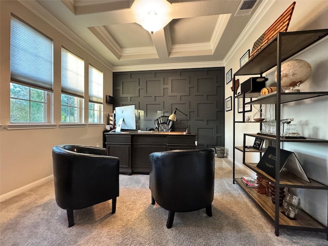 living area with ornamental molding, coffered ceiling, light carpet, and ceiling fan