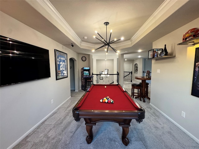 playroom featuring crown molding, a tray ceiling, carpet floors, and pool table