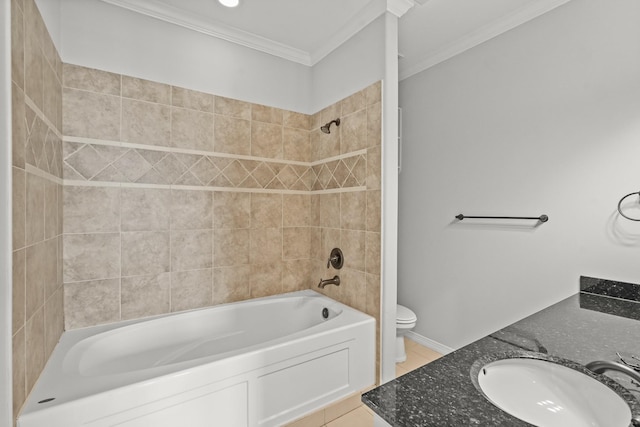 full bathroom featuring tiled shower / bath combo, ornamental molding, tile patterned flooring, vanity, and toilet