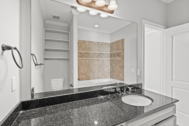 full bathroom featuring crown molding, shower / tub combination, vanity, and toilet