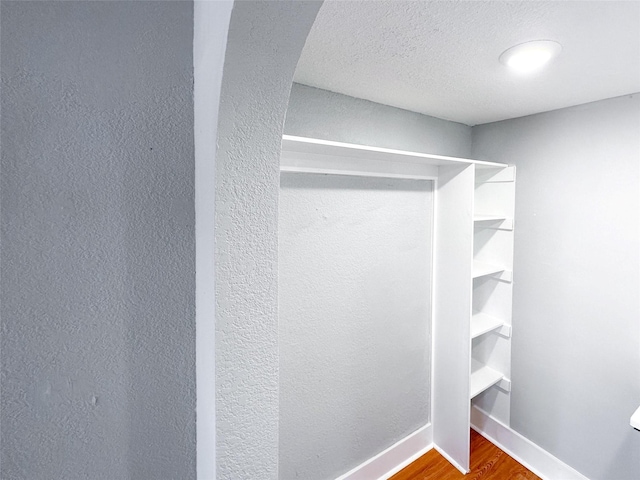 walk in closet with dark hardwood / wood-style flooring