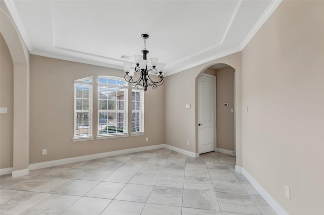 unfurnished dining area with crown molding, a raised ceiling, and a chandelier