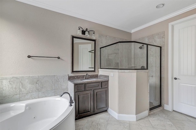 bathroom featuring crown molding, vanity, and shower with separate bathtub