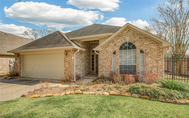 ranch-style home featuring a garage and a front yard