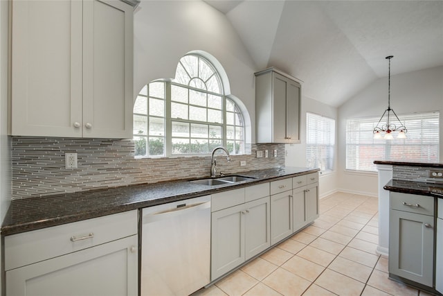 kitchen featuring light tile patterned flooring, sink, gray cabinetry, vaulted ceiling, and dishwasher