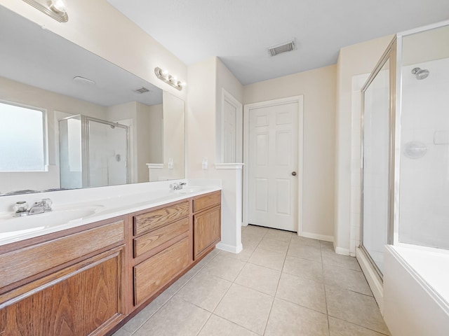 bathroom with tile patterned flooring, vanity, and a shower with door