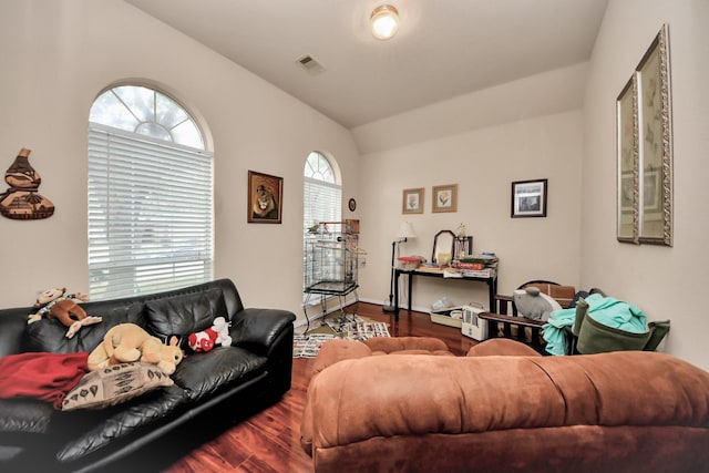 living room featuring vaulted ceiling and hardwood / wood-style floors