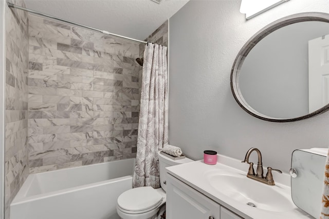 full bathroom with vanity, shower / bathtub combination with curtain, a textured ceiling, and toilet