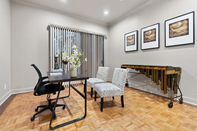 office space featuring crown molding and light parquet flooring