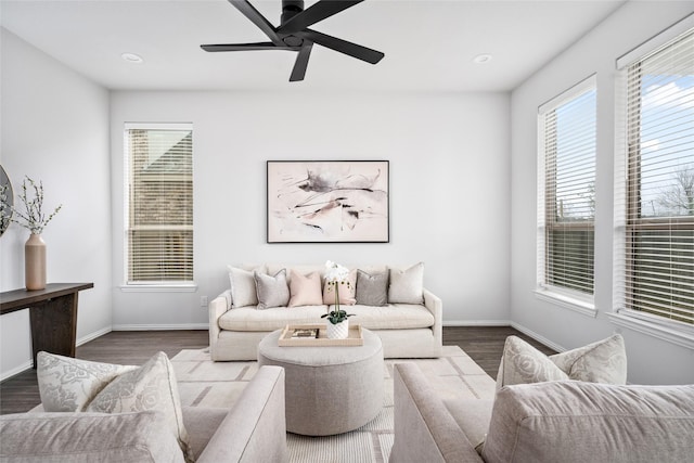 living room featuring ceiling fan and hardwood / wood-style floors