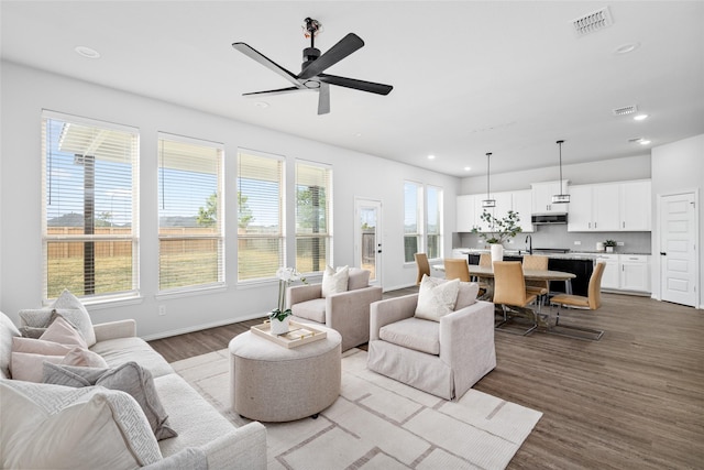 living room with ceiling fan, sink, and hardwood / wood-style floors