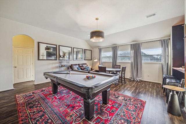 recreation room with dark wood-type flooring, vaulted ceiling, and billiards