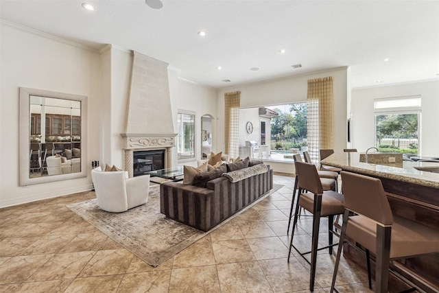 living room featuring a large fireplace and ornamental molding