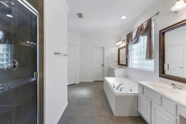 bathroom with independent shower and bath, vanity, ornamental molding, and tile patterned flooring