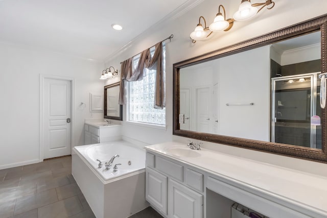 bathroom with ornamental molding, vanity, independent shower and bath, and tile patterned floors