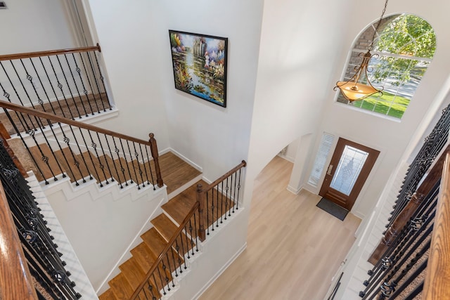 entrance foyer featuring a towering ceiling and light hardwood / wood-style floors