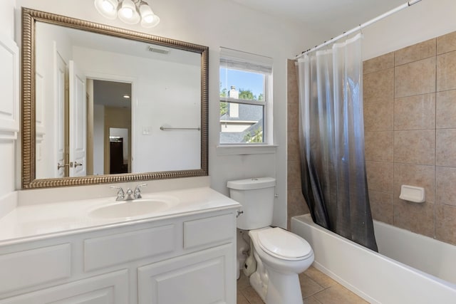 full bathroom featuring shower / bathtub combination with curtain, vanity, toilet, and tile patterned flooring