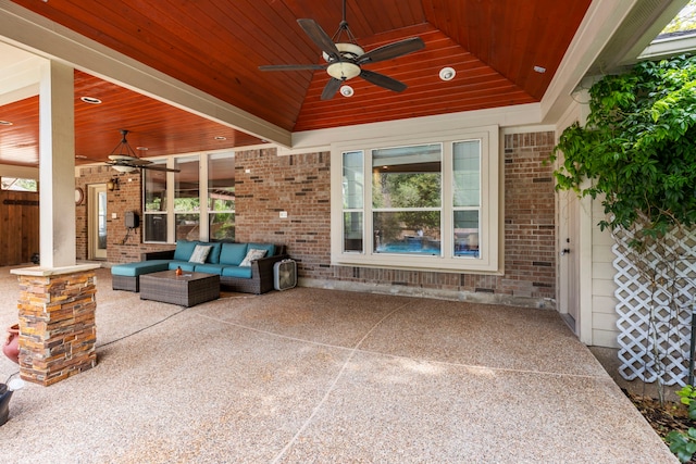 view of patio featuring ceiling fan and an outdoor hangout area