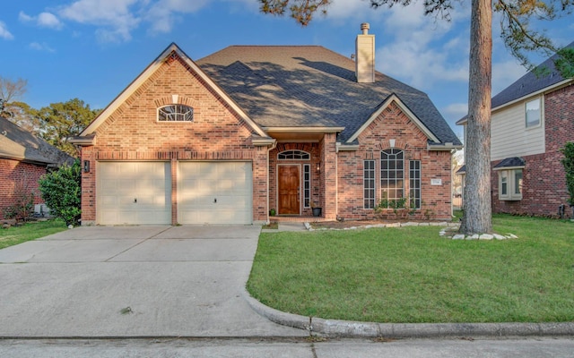 view of property featuring a garage and a front yard