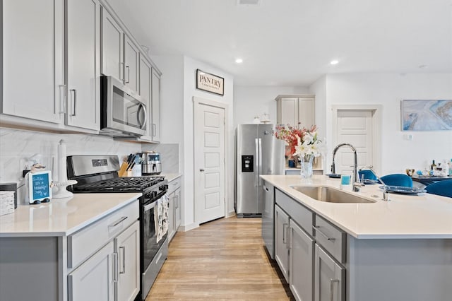 kitchen with sink, gray cabinetry, light hardwood / wood-style flooring, stainless steel appliances, and backsplash