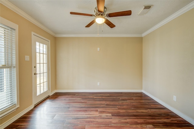 unfurnished room with ceiling fan, ornamental molding, and dark hardwood / wood-style flooring