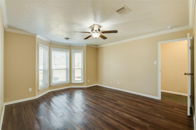 unfurnished room featuring ceiling fan, ornamental molding, dark hardwood / wood-style floors, and a textured ceiling