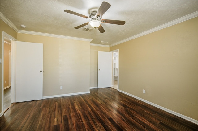 spare room with dark hardwood / wood-style flooring, ceiling fan, crown molding, and a textured ceiling