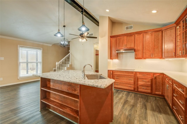 kitchen featuring sink, light stone counters, lofted ceiling with beams, a center island with sink, and dark hardwood / wood-style floors