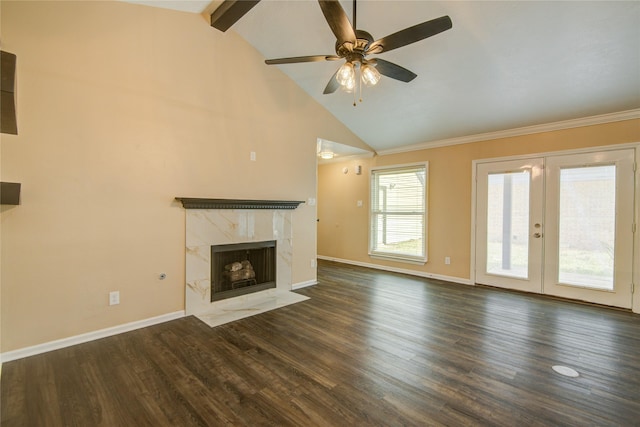 unfurnished living room with high vaulted ceiling, dark hardwood / wood-style flooring, ceiling fan, a premium fireplace, and beam ceiling