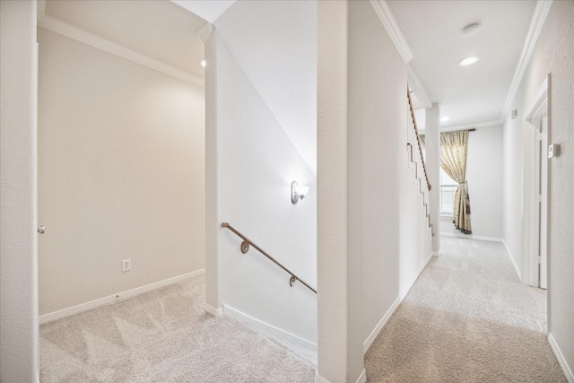 hall with ornamental molding and light carpet