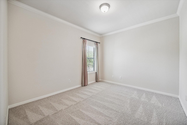 empty room with ornamental molding and light carpet